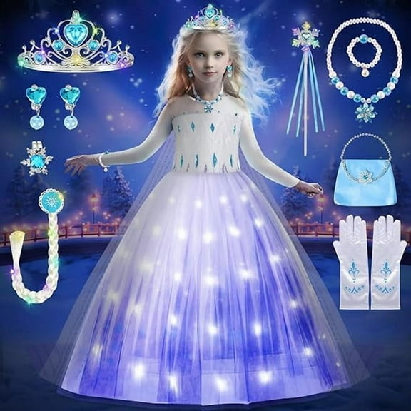 Princess Dresses for Girls, Light Up Frozen 2 Dress Up with Accessories for Birthday Halloween Carnival Cosplay