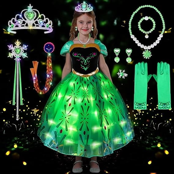 Princess Dresses for Girls, Light Up Green Dress Up with Accessories for Birthday Party Halloween Carnival Cosplay, 120