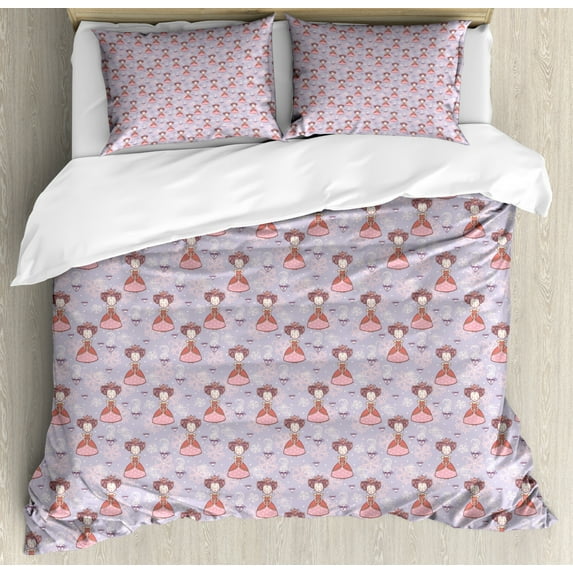 Princess Duvet Cover Set King Size, Vintage Pattern of Princess Girls with Teacups on a Floral Romantic Background, Decorative 3 Piece Bedding Set with 2 Pillow Shams, Multicolor, by Ambesonne