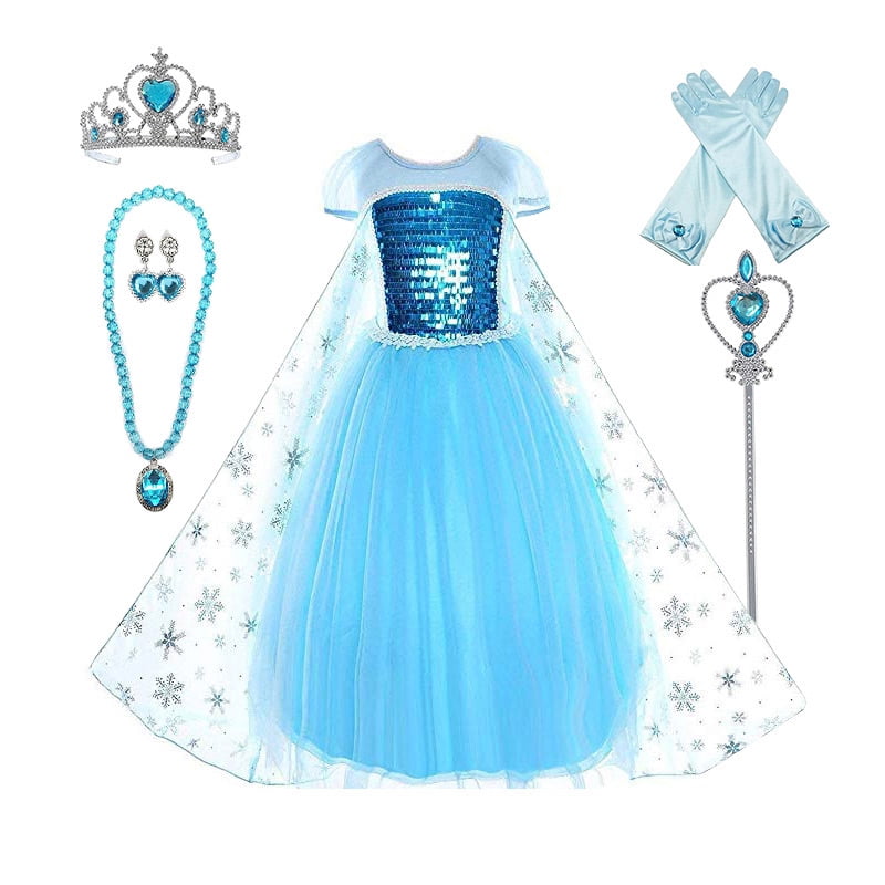 Princess Elsa Costume Party Dress for Kids with Tiara Necklaces and ...