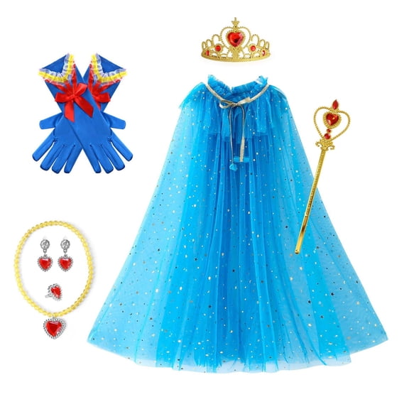 Princess Elsa Dress up Clothes for Little Girl, 7Pcs Princess Cape with Crown, Princess Dresses for Girl 3-12 Birthday Gift