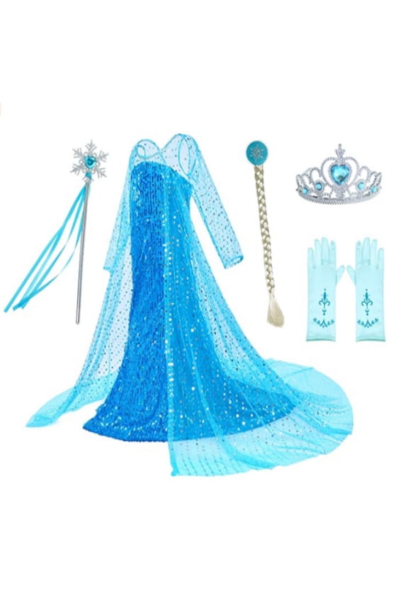 Princess Elsa's long-sleeved sequined fitted long dress for little princesses. A blue sequined dress suitable for children to wear in summer.