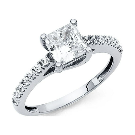 Princess Engagement Solitaire CZ Ring 14k White Gold Anniversary Square CZ Band Side Stones Size 7.5