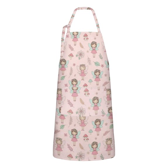 Princess and Fairy Pink Pattern Apron for Women with Pockets, Cotton Linen Waterproof Adjustable Apron for Kitchen Cooking Gardening BBQ Salon 33"x27"