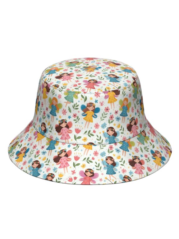 Princess and Fairy White Pattern Bucket Hat, Beach Bucket Hat with Wide Brim & Breathable Fabric, Foldable Design Gifts for Hiking Camping Fishing Beach