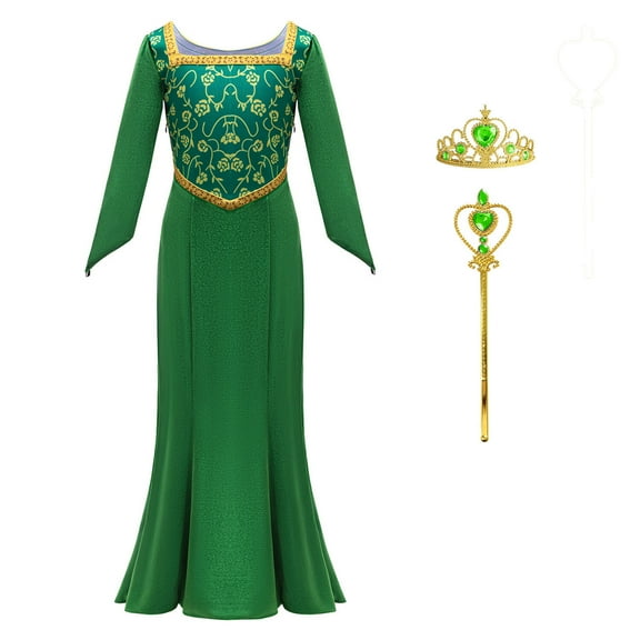 Princess Green Costume Dress with Accessories for Girls Halloween Birthday Cosplay Outfits, SIZE 3-9
