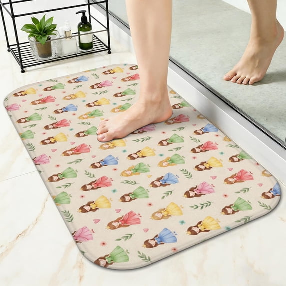 Princess and Flower Beige Pattern Non-Slip Bath Mat, Shower Room Rug ...