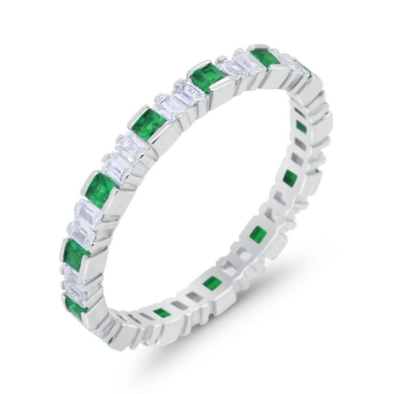 Princess Full Eternity Baguette Round Ring Green Emerald CZ 925 Sterling Silver Size 7