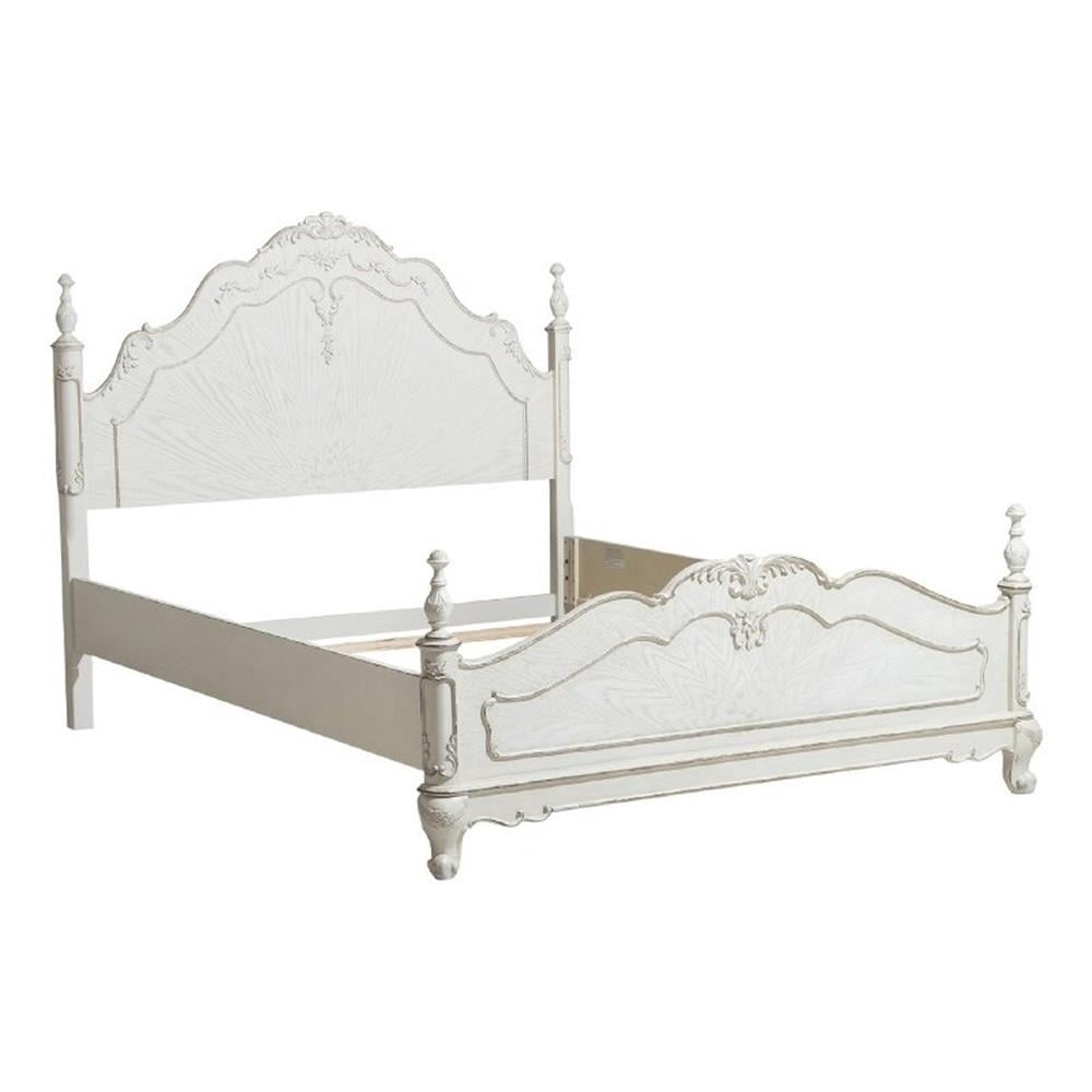 Benjara Princess Floral Motif Carvings Full Size Bed - Antique White ...