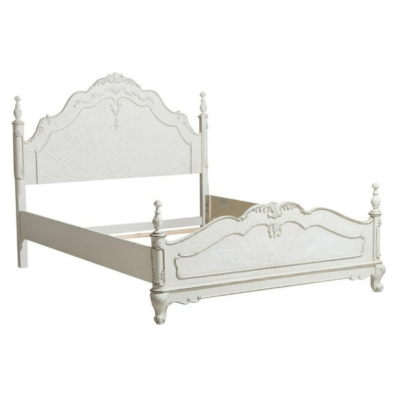 Princess Full Size Bed Floral Motif Carvings Finial Accents Antique White