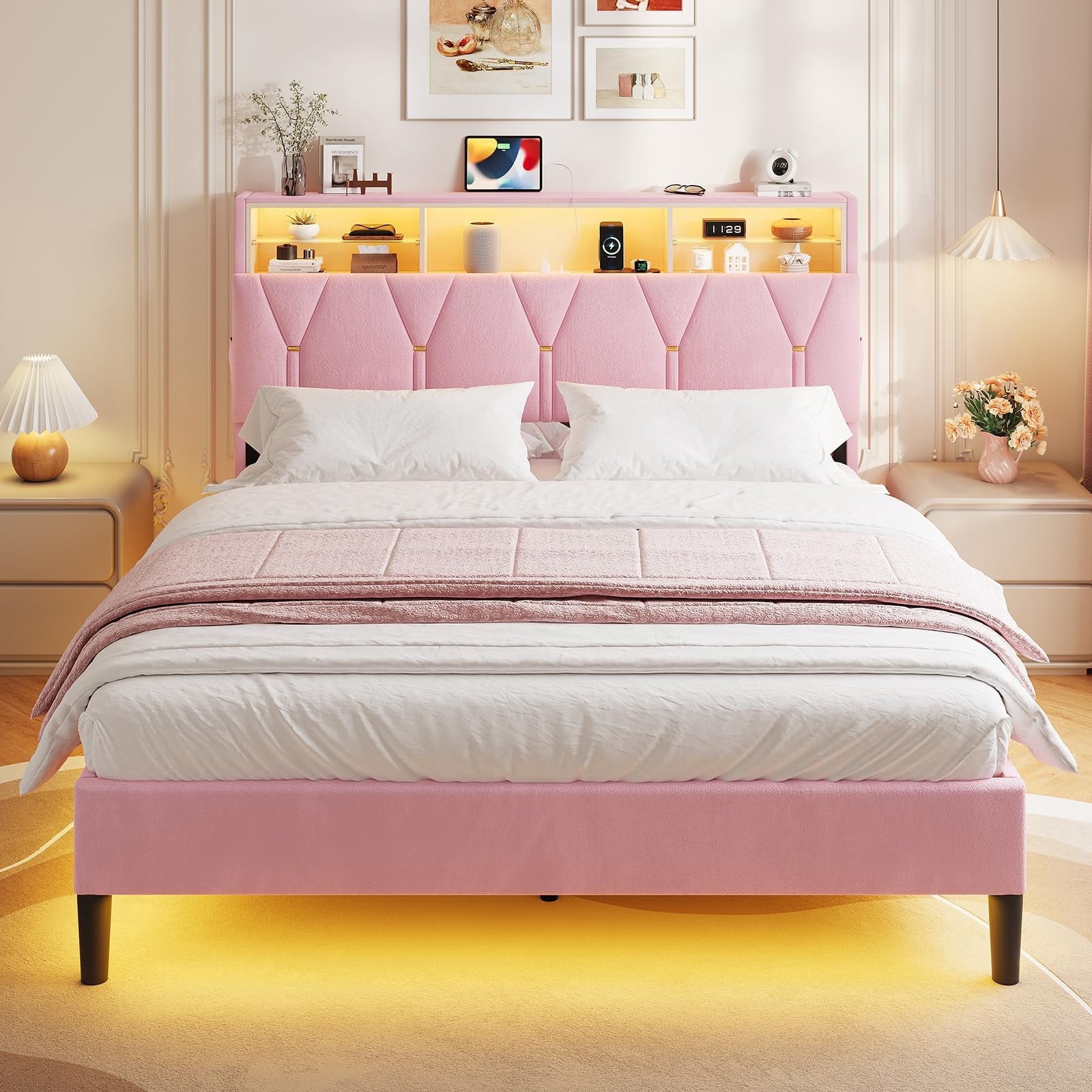 Princess Full Size Platform Bed Frames with Storage Headboard,Power Outlet, Modern Velvet Upholstered Girls Bed with LED Lights and Storage Shelves,No Box Spring Needed,Noise-Free,Easy Assembly, Pink