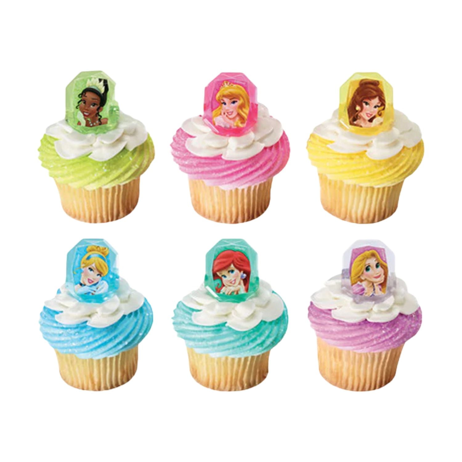 Princess Gemstone Cupcake Rings (12 Pack) Includes Tiana, Aurora, Belle, Cinderella, Ariel & Rapunzel Princess Party Cupcake Toppers & Decorations