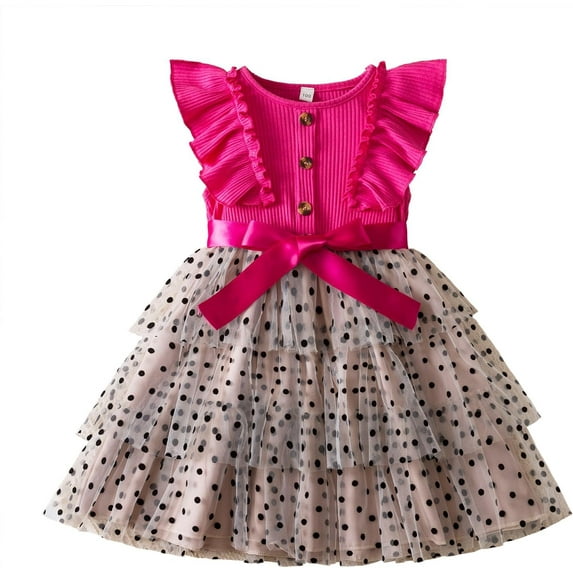 Princess Girl Casual Dress Polka Dots Toddler Layered Tulle Kids Knit Clothing