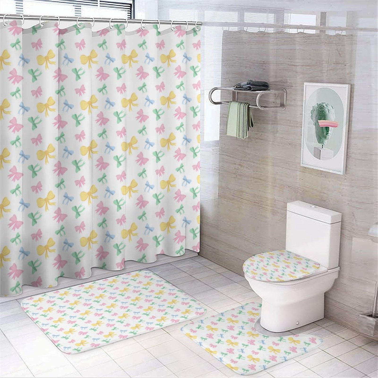 Princess Girl Cute Bow 4 Pcs Shower Curtain Set with Rug Bathroom Sets with Waterproof Fabric And Non-Slip Rugs Toilet Lid Cover Bath Mat Decor with Hooks