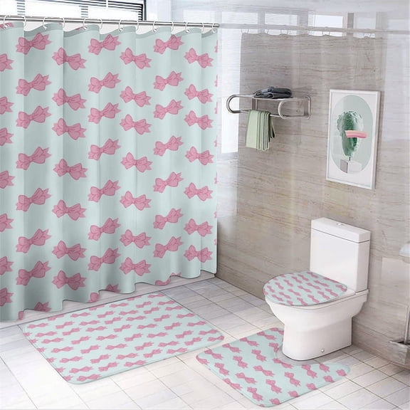 Princess Girl Cute Bow 4 Pcs Shower Curtain Set with Rug Bathroom Sets with Waterproof Fabric And Non-Slip Rugs Toilet Lid Cover Bath Mat Decor with Hooks