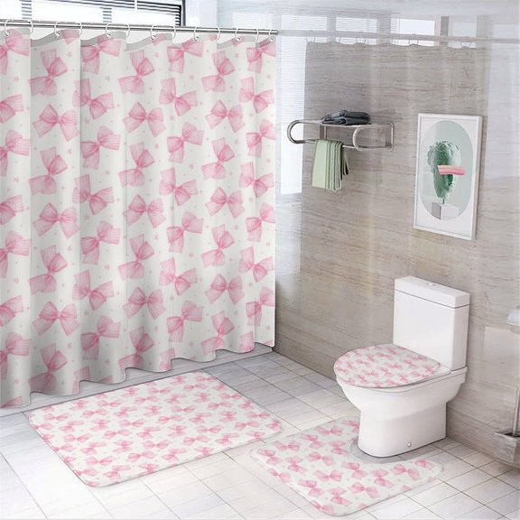 Princess Girl Cute Bow 4 Piece Shower Curtain Sets, Non-Slip Rugs, Toilet Lid Cover And Bath Mat, for Bathroom Decor Set, 72" X 72"