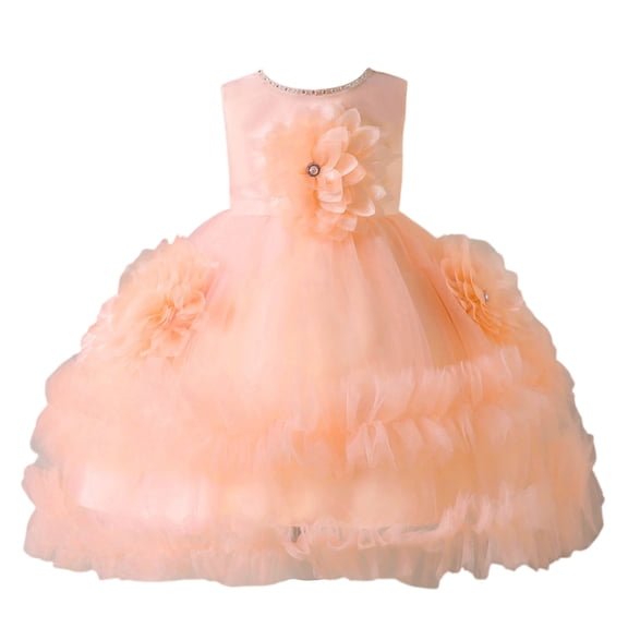 Princess Gown Performance Sleeveless Flower Girl Dress with Layered Tulle Skirt Floral Appliques and Round Neck for Special Occasions Parties Weddings Princess Dress Up for 4-6 (Saffron 100)