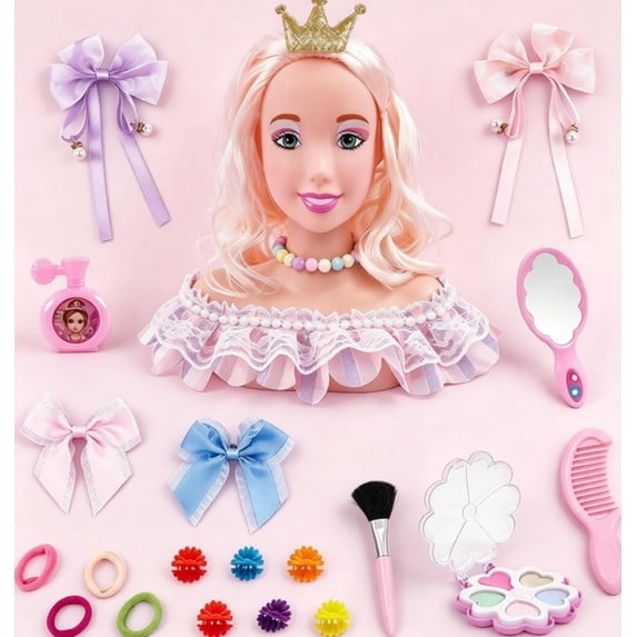 Princess Hair Styling Doll Head Beauty Salon Pretend Play Toy with Hair Dryer, Straightener, Makeup Kit & Hair Accessories, Educational Role Play Toy for Little Girls Ages 3+ Christmas Birthday Gifts