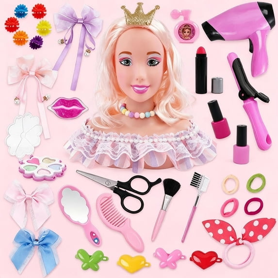Princess Hair Styling Doll Head Beauty Salon Pretend Play Toy with Hair Dryer, Straightener, Makeup Kit & Hair Accessories, Educational Role Play Toy for Little Girls Ages 3+ Christmas Birthday Gifts