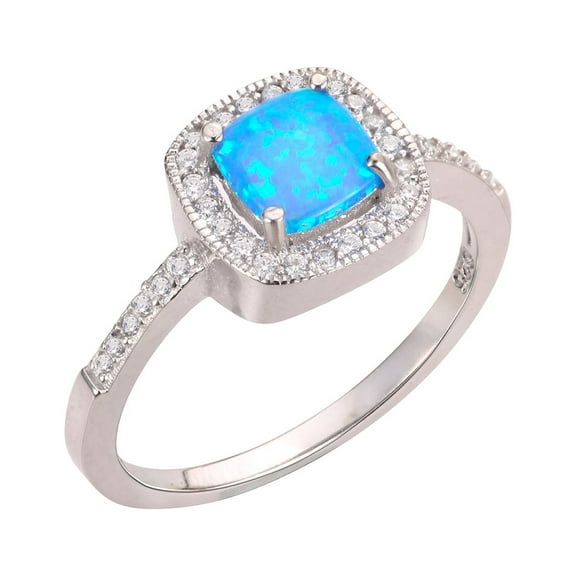 Princess Halo Blue Simulated Opal Ring Sterling Silver Size 10