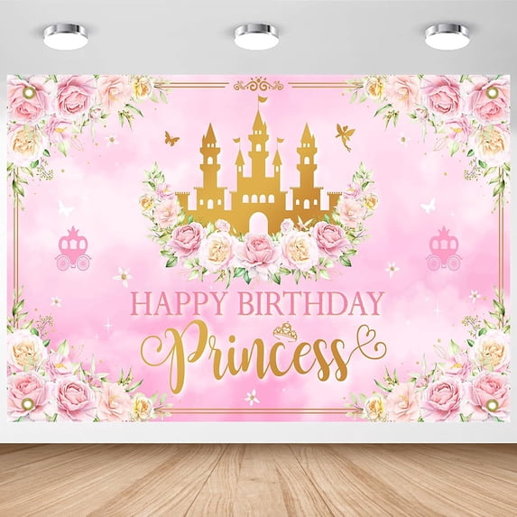 Princess Happy Birthday Banner Pink Princess Birthday Party Decorations Pastel Floral Castle Backdrop for Girls Princess Party Supplies