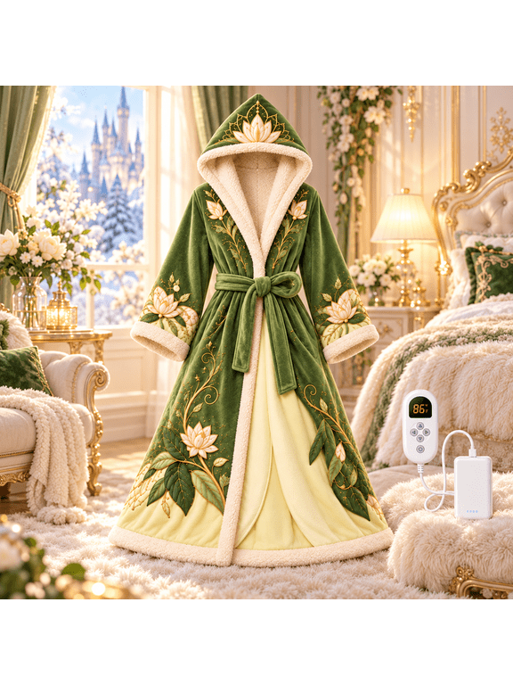 Princess Heated Robe for Women, Adjustable Temperature Wearable Heated Blanket with Hood, Plush Lining, Belt and Controller for Home Lounging and Winter Comfort A