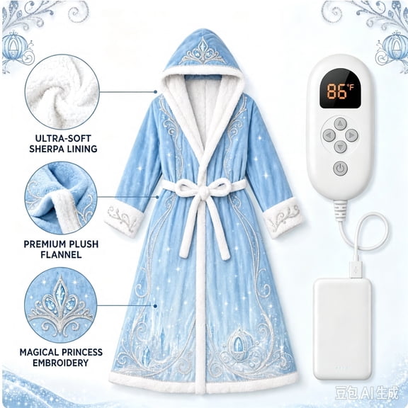 Princess Heated Robe for Women, Adjustable Temperature Wearable Heated Blanket with Hood, Plush Lining, Plush Hooded Fleece Bathrobe with Belt for Warm Winter Lounging (C)