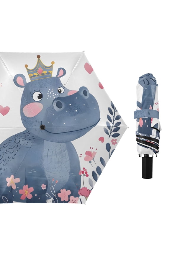Princess Hippo with Crown Compact Sun Umbrella Windproof Travel Umbrellas for Rain Strong Portable UV Protection