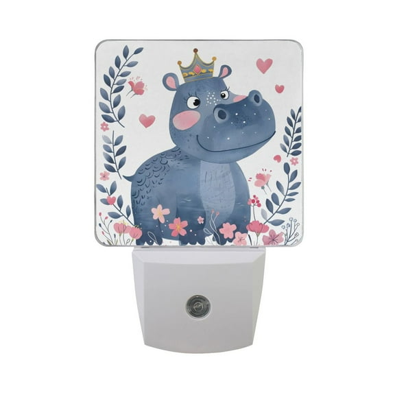 Princess Hippo with Crown Night Light 2 Pack LED Nightlight Plug into Wall Dusk to Dawn Sensor Soft White