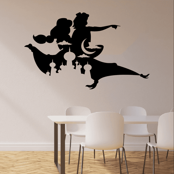 Princess Jasmine And Aladdin Silhouette Cartoon Movie Aladdin Castle Silhouette Vinyl Wall Art Sticker Decal Home Kids Room Trucking Business Boys Wall Décoration Design Wall Décor Size (22x30 inch)
