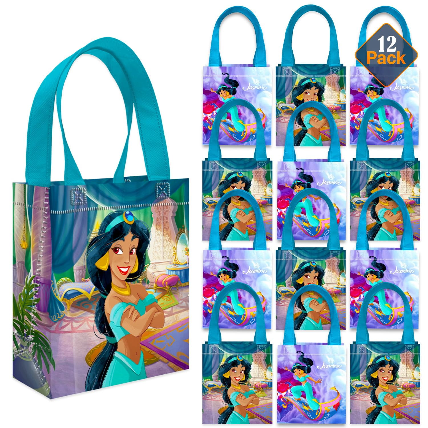 Princess Jasmine Party Favor Bags Set 12 Pack 8" Aladdin Goodie Bags for Kids Bulk Reusable Mini Totes | Disney Princess Jasmine Birthday Party Supplies