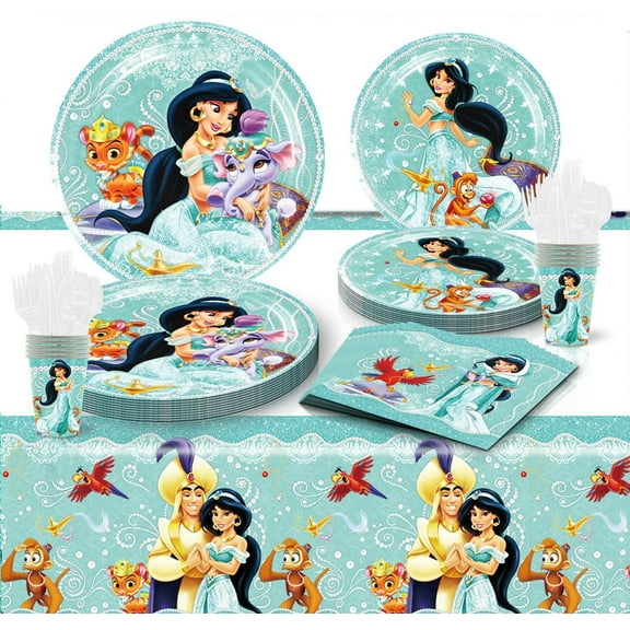 Princess Jasmine birthday party decorations, Princess Jasmine party supplies include tablecloths, plates, cutlery, napkins, cups, Princess Jasmine party decorations suitable for girls and children