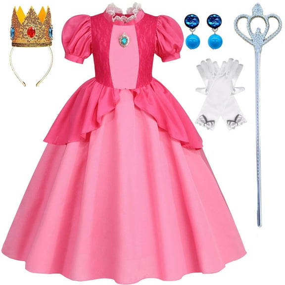 Princess Kids Costume Dress up Girls Outfit with Crown Wand Earring Gloves 5-6Years(TAO3-120)
