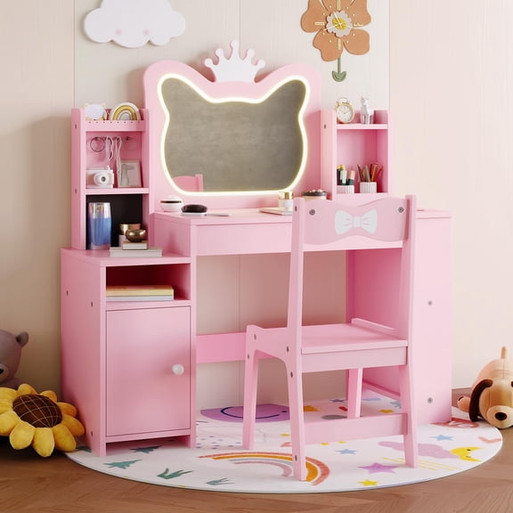 Princess Kids Vanity Desk with Mirror – Wooden Dressing Table for Girls, Includes Drawer & Shelves, White