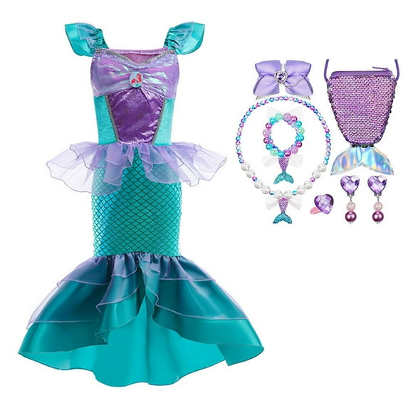 Princess Costume Dress Girls Ariel Halloween Cosplay Dress w/Accessories
