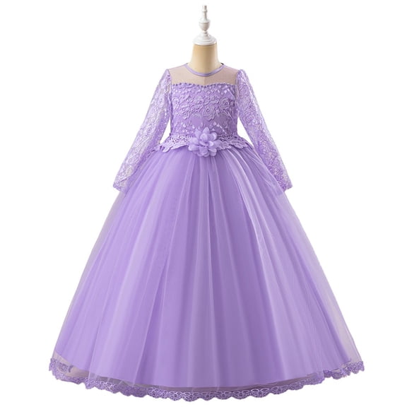 Princess Long Sleeve Lilac Long Girls Pageant Dresses Kids Prom Puffy Tulle Ball Gown Girl Dress