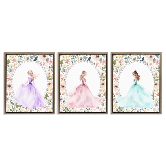 Stupell Industries Princess Love Pearls & Florals 3 Piece Brown Framed Floater Canvas Set, design by Christine Simpson Art