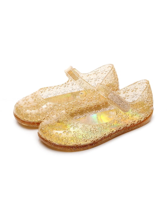 Princess Mary Jane Jelly Shoes, Ballet Flats Cosplay Birthday Party Dress Up Sandals for Little Girls, Toddler or Kids Gold 10 Little Kids