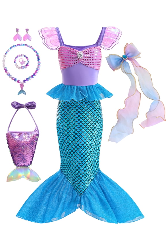 Princess Mermaid Costume for Girls Ariel Dress up Kids Cosplay Outfit with Accessories 2-10Years