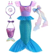 BINGBERONE Princess Mermaid Costume for Girls Ariel Dress up Kids Cosplay Outfit with Accessories 2-10Years