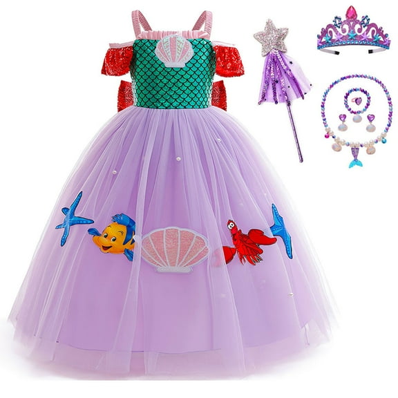 Princess Mermaid Costume for Girls Party Dress up with Crown Jewelry