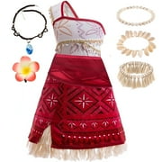 Princess Moana Adventure Costume for Girls Kids Ocean Theme Birthday Halloween Dress up With Necklace Shell anklet 4-5Years