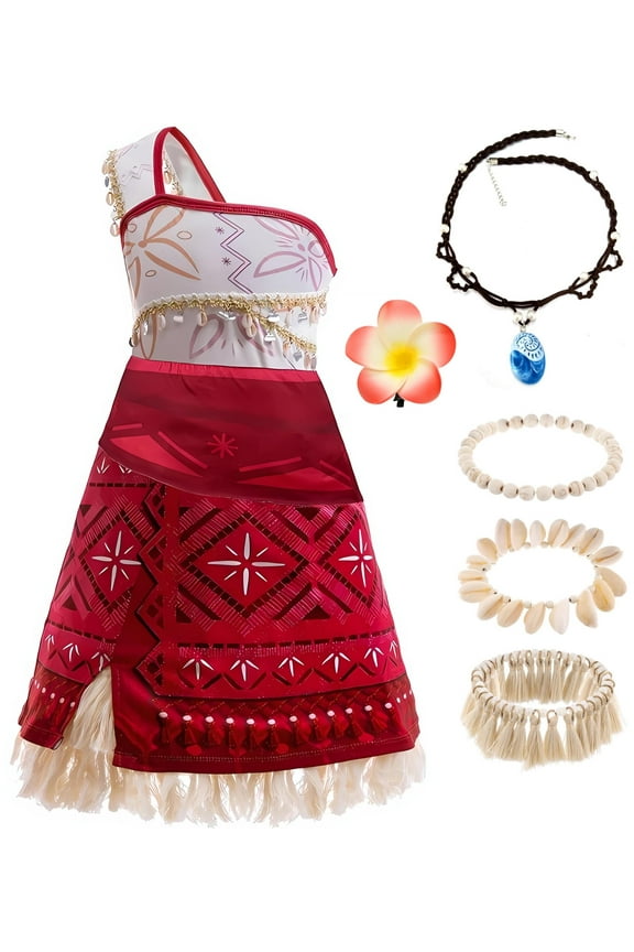 Princess Moana Adventure Costume for Girls Kids Ocean Theme Birthday Halloween Dress up With Necklace Shell anklet 4-5Years