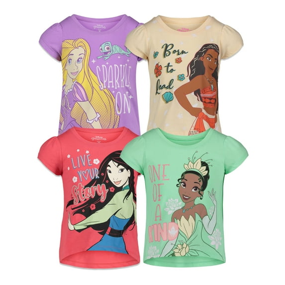 Princess Moana Rapunzel Tiana Little Girls 4 Pack T-Shirts Toddler to Big Kid