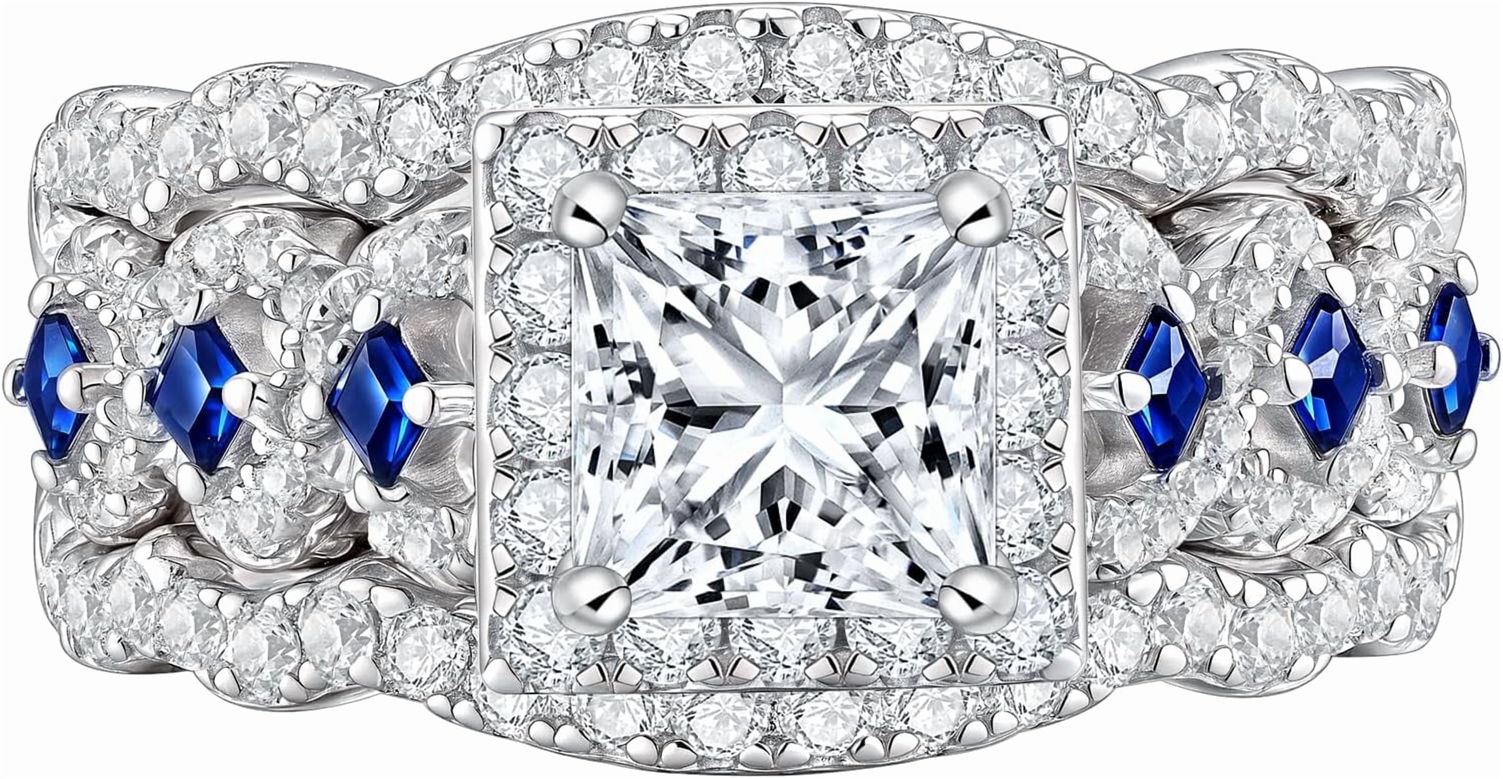 Princess Moissanite Engagement Ring for Women 925 Sterling Silver Wedding Band Rings Blue Sapphire Bridal Sets Promise Ring, Size 7