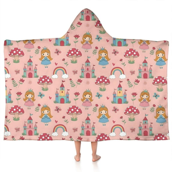 Princess Mushroom Castle Pattern Hooded Bath Towel,50"x30" for Ages 3 To 12 Kids, Quick Dry Lightweight Soft Microfiber Hood Beach Towel Cover Up for Kids