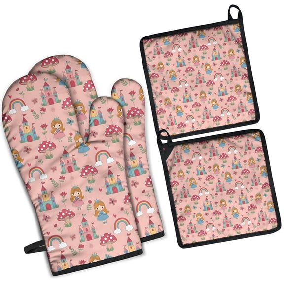 Princess Mushroom Castle Pattern Kitchen Oven Mitt and Pot Holder Sets 2 Pcs for Baking, Cooking and Grilling, Heat Resistant Up To 392 °F