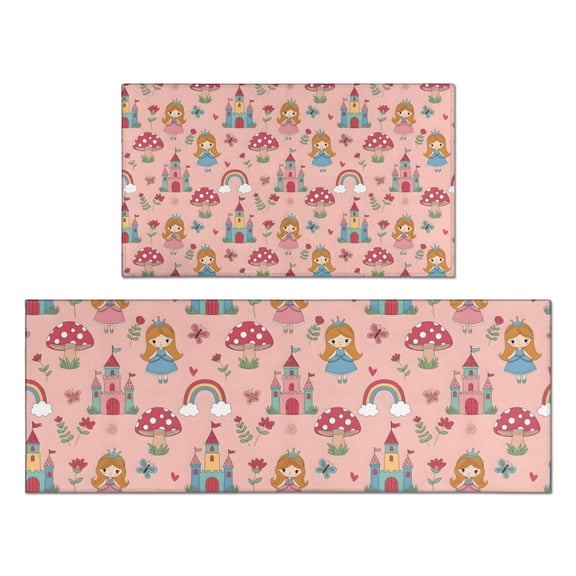 Princess Mushroom Castle Pattern Kitchen Rugs Sets Of 2,Anti Fatigue Kitchen Mat Rugs Non Slip Washable,Decorative Kitchen Floor Mats for Kitchen,Sink,Laundry,17"x30"+17"x47"