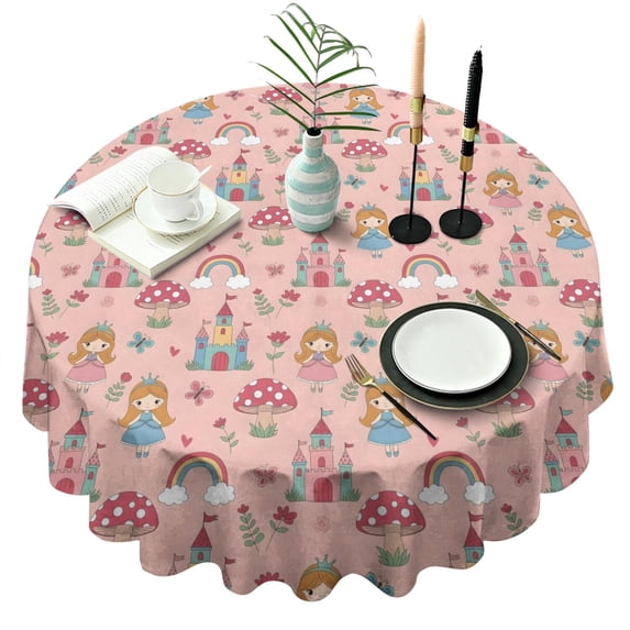 Princess Mushroom Castle Pattern Round Tablecloth 60"x60",Wrinkle Wipeable Table Cloth for Kitchen Dining Room Picnic Patio Party