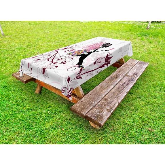 Princess Outdoor Tablecloth, Flower Fairy with Butterflies Wings Branches Ornaments Floral Spring Forest, Decorative Washable Fabric Picnic Table Cloth, 58 X 84 Inches,Maroon Black Pink, by Ambesonne